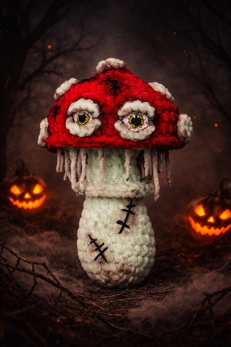 May include: A handmade crochet mushroom figure with a red cap and white trim, featuring two large, detailed eyes. The mushroom has a light green stem with stitched details. The background includes two glowing jack-o'-lanterns and a dark, spooky forest setting.