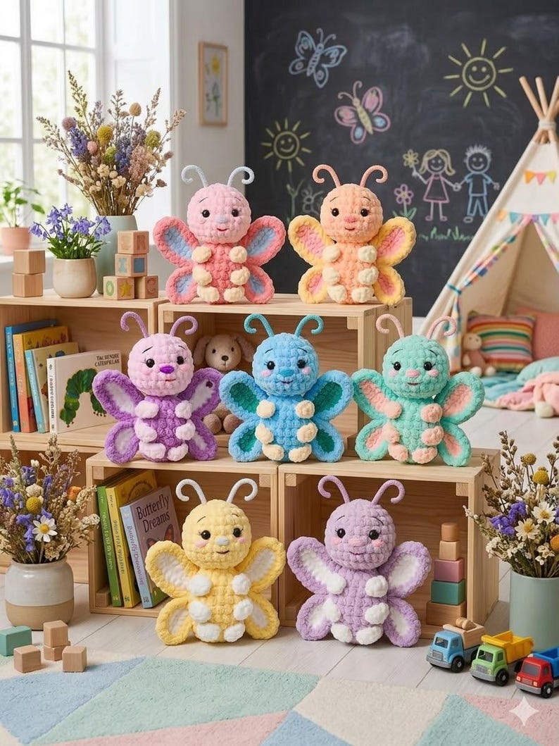 May include: A collection of colorful, crocheted butterfly plush toys. Each butterfly features a unique color scheme, including pink, orange, purple, blue, yellow, and green. The toys are displayed on wooden shelves with books and decorative items.