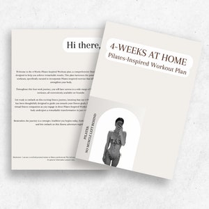 Könnte beinhalten: Ein 4-wöchiger Pilates-inspirierter Trainingsplan mit einer Frau im Bikini auf dem Cover. Der Text auf dem Cover lautet "4-Weeks At Home Pilates-Inspired Workout Plan" und "No Muscle Left Behind".