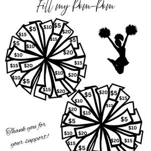 Puede incluir: Gráfico en blanco y negro para una recaudación de fondos de porristas. El texto dice "CHEER FUNDRAISER" y "Fill my Pom-Pom". Dos gráficos de pompones están llenos de cantidades de dinero. También se incluye una silueta de una animadora saltando.
