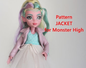 May include: A Monster High doll wearing a light pink jacket, a turquoise polka dot top, and a white tulle skirt. The doll has pink and blue legs and is wearing blue sandals. Text on the image reads "Pattern JACKET for Monster High."
