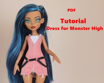 May include: A pink dress with a black belt and zipper detail, worn by a doll with blue hair and brown skin. The doll is wearing black shoes with fur trim. The text "PDF Tutorial Dress for Monster High" is displayed above the doll.