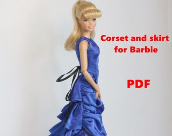 Op de afbeelding: Een blauw corset- en rokpatroon voor Barbiepoppen. Het patroon bevat een tutorial en is beschikbaar als PDF-download. "Tutorial + pattern. Corset and skirt for Barbie. PDF"
