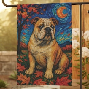 Bulldog Garden Flag, Fall Dog Yard Flag, Autumn Pet Decor, Van Gogh Style Flag, Outdoor Dog Flag, Dog Lover Gift