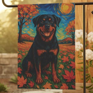 Rottweiler Garden Flag, Fall Dog Yard Decor, Autumn Pet Flag, Outdoor Dog Lover Gift, Van Gogh Style Dog Art, Seasonal Porch Decoration