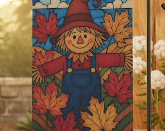 Stained Glass Scarecrow Garden Flag, Cute Fall Harvest Yard Decor, Autumn Leaves Outdoor Banner, Rustic Fall Flag, Fall home decor
