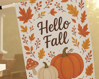 Hello Fall Garden Flag, Pumpkin Mushroom Autumn Yard Decor, Cute Fall Leaves Outdoor Banner, Fall Flag, Autumn Flag