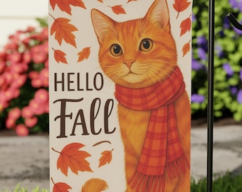 Hello Fall Cat Garden Flag, Orange Tabby Autumn Yard Decor, Cute Fall Kitty with Scarf Banner, Fall Tabby Flag