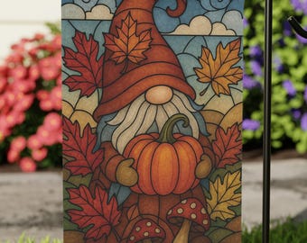 Fall Gnome Stained Glass Garden Flag, Autumn Pumpkin Yard Decor, Whimsical Gnome with Leaves Flag, Fall Flag