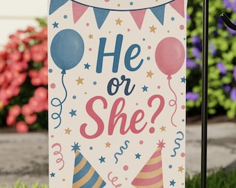 He or She Gender Reveal Garden Flag, Baby Shower Yard Sign, Team Pink or Blue Party Decor, Gender Reveal Sign
