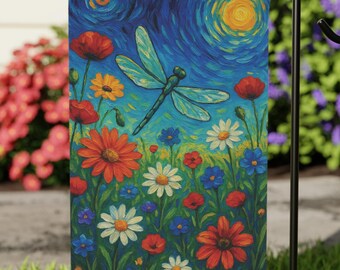 Starry Night Dragonfly Garden Flag, Colorful Wildflower Yard Decor, Summer Night Nature Flag, Spring Flag