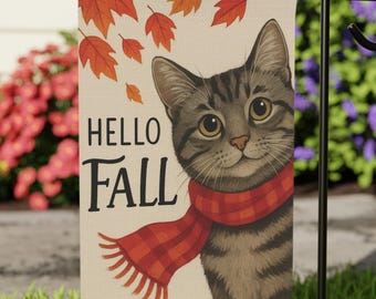 Hello Fall Tabby Cat Garden Flag, Gray Stripe Kitty Autumn Yard Decor, Cute Fall Cat with Scarf Banner, Gray Tabby Flag