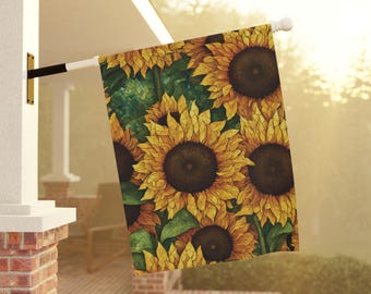 May include: A decorative garden flag featuring a close-up pattern of yellow sunflowers with brown centers and green leaves.
