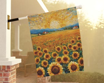 May include: A colorful mosaic-style garden flag featuring a field of sunflowers in bloom against a backdrop of a sunset over a distant mountain range. The flag is hanging from a white pole.