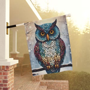 Winter Owl Garden Flag, Mosaic House Banner, Seasonal Outdoor Decor, Bird Lover Gift, Christmas Yard Art, Holiday Decoration