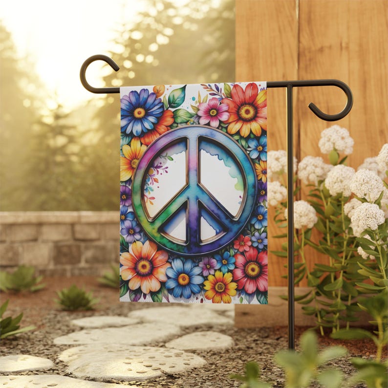 Peace Flag, Floral Peace Sign, Spring Yard Decor, Hippie Outdoor Banner ...