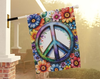 Peace Flag, Floral Peace Sign, Spring Yard Decor, Hippie Outdoor Banner, Be Kind, Peaceful, Flowers Flag, Peace on Earth, Floral Peace Sign