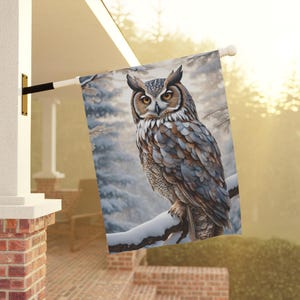 Winter Owl Garden Flag, Owl House Banner, Seasonal Outdoor Decor, Bird Lover Gift, Christmas Yard Art, Holiday Decoration