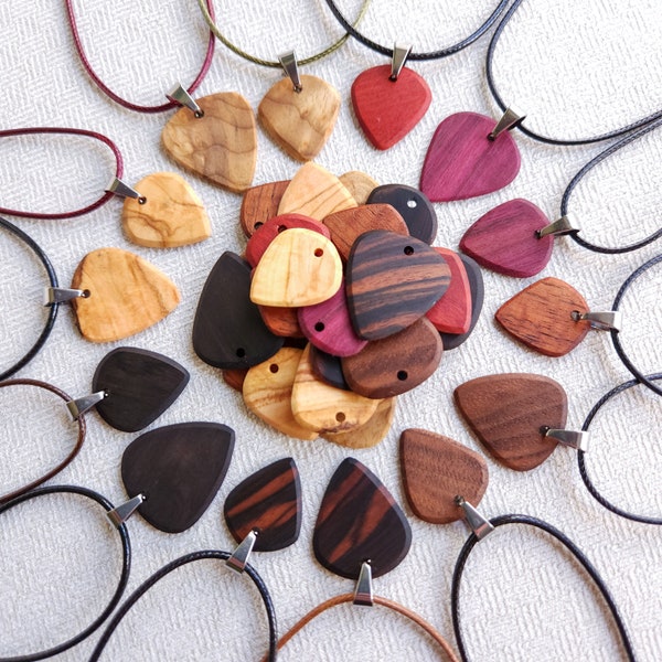 Handmade Wooden Guitar Pick Necklace Unisex Customizable Wood Jewelry For Yourself or Gifts Your Choice of Domestic and Exotic Woods