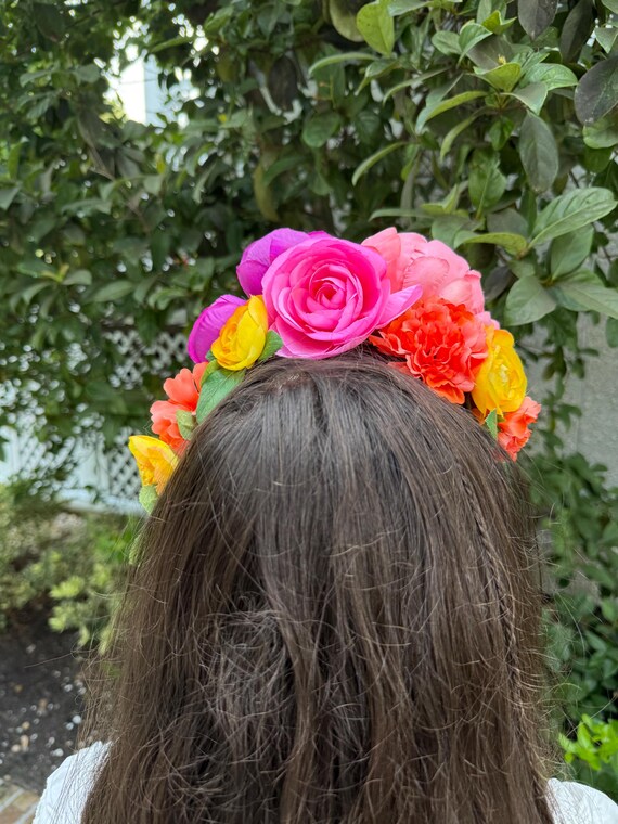 Vibrant Floral Headpiece with Pink and Yellow Rose Fuchsia with golden details ✨? A statement headpiece  main image 4