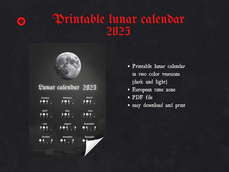 Lunar Calendar 2025, Moon Phase Calendar, Printable Calendar, Wall