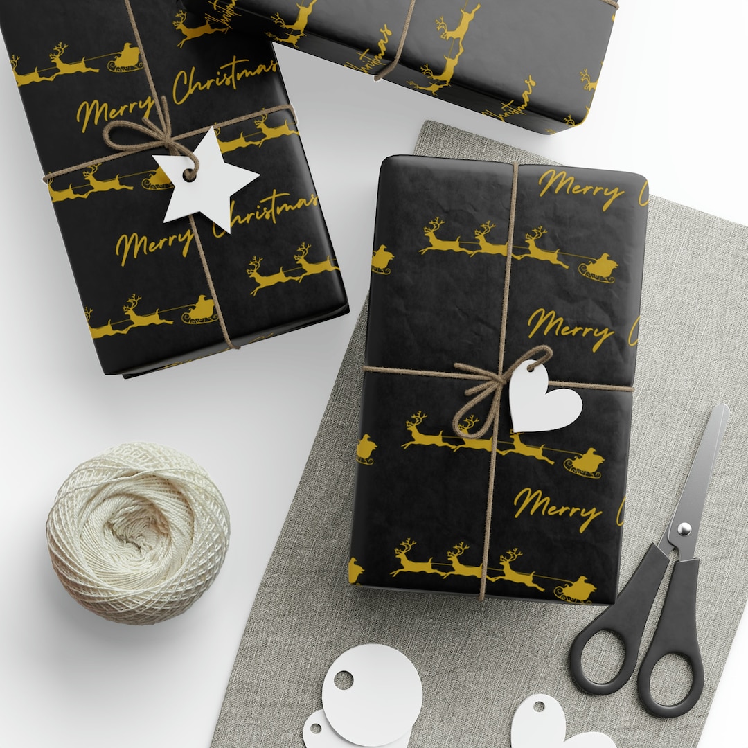 black-christmas-wrapping-paper-gold-and-black-reindeer-etsy