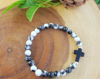 Zebra Jasper Beaded Cross Bracelet: Christian Jewelry