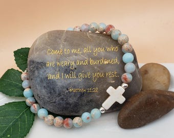 Beaded Cross Bracelet: Christian Faith Jewelry Blue Jasper
