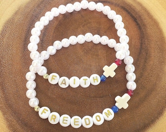 America USA Beaded Bracelet Faith and Freedom: Christian Patriotic Cross Jewelry