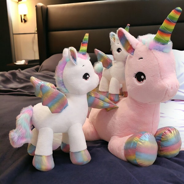 Rosa / Weiß umarmbares weiches süßes Einhorn-Traum-Regenbogen-Plüschtier, hochwertiges rosafarbenes Pferd süßes Spielzeug für Mädchen, Schlafkissen, Kuscheltiere