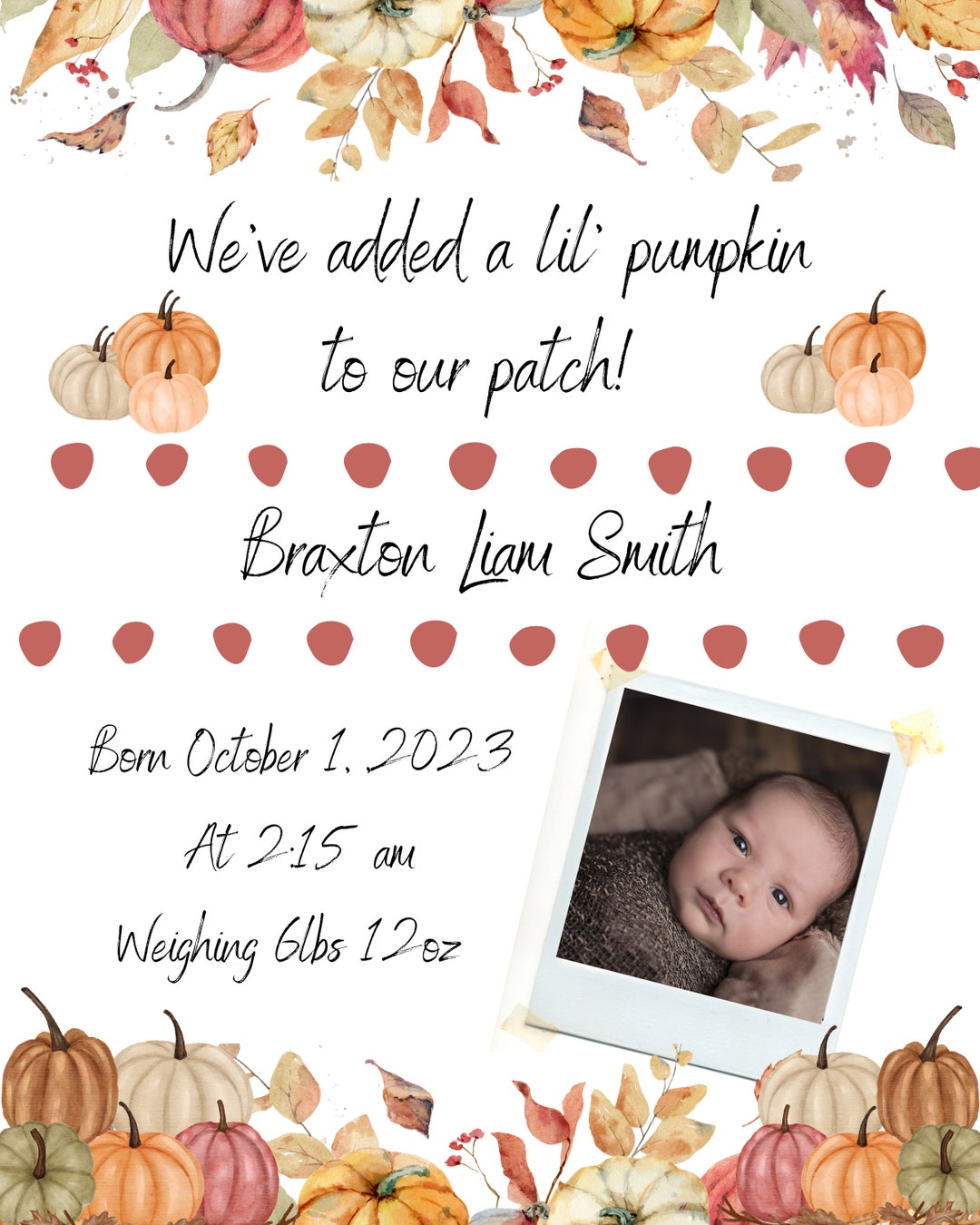 Digital Birth Announcement, Digital Download, Fall Birth Announcement