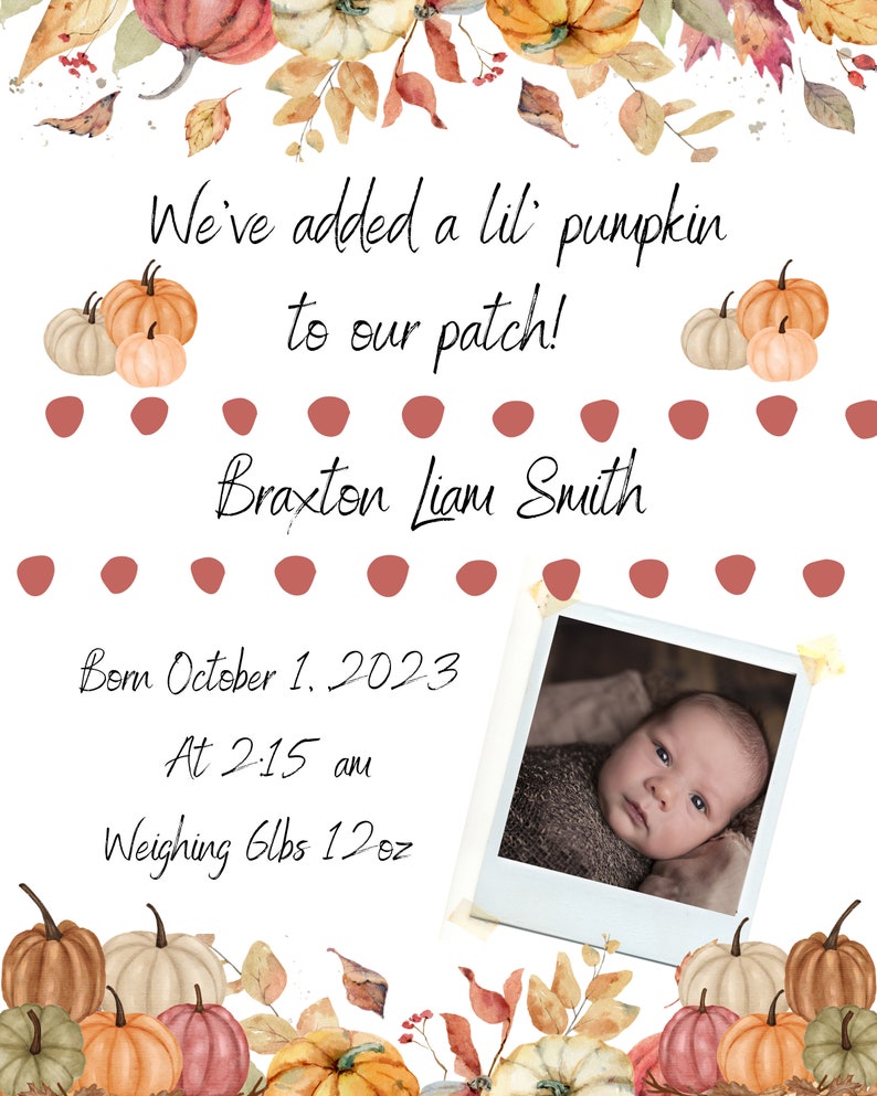 Digital Birth Announcement, Digital Download, Fall Birth Announcement