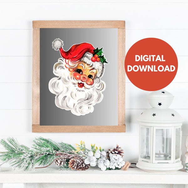 Santa Claus Printable Art, Gray Gradient Art, Holiday Home Decor, Christmas Wall Art, Santa Portrait Art, Printable Christmas Decor