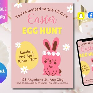 Easter Egg Hunt Invitation, Bunny Invitation, Easter Invitation, Easter Egg thank you tag, Easter Egg Editable Template