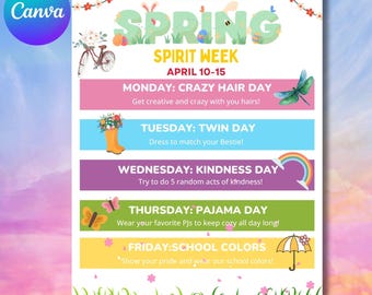 Editable Spring Spirit Week Flyer Canva Template, School Spirit Schedule
