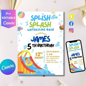 Editable water Slide Birthday Invitation. Backyard Waterslide Splash. Pool Party Birthday Invite. Water Park Invitation. Girl Pink Birthday.
