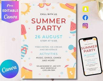 Hello Summer Party Invitation Template, Sun Invitation, Summer Party, Last Day of School, Neighborhood Party, Orange Birthday Party, Canva