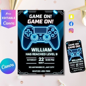 Gamer Birthday Invitation: Neon Level Up Party, Editable Template (PDF or JPEG)