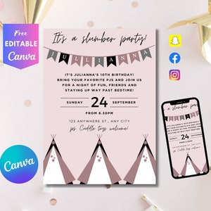 Editable Slumber Party Birthday Invitation Sleepover Birthday Invite Pink Girl Spa Tween Teen Digital Download Printable Template
