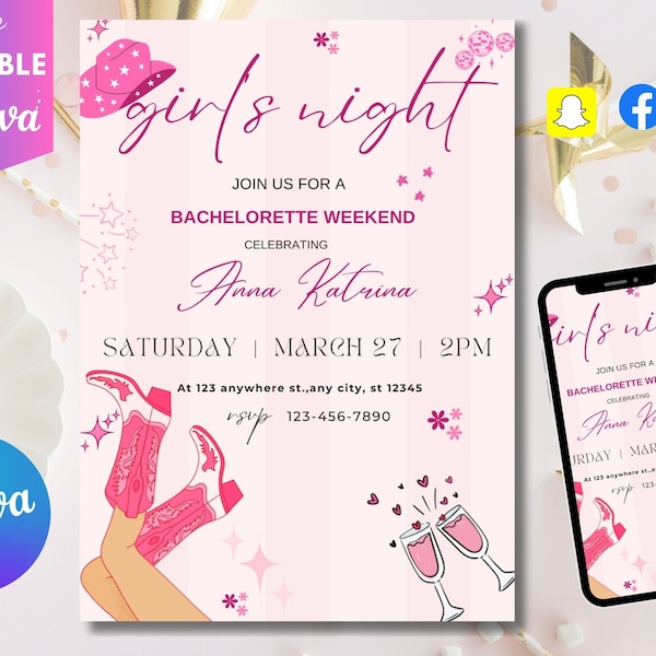 Let's Go Girls Nashville Bachelorette Party Invitation and Itinerary Template, Nash Bash Bachelorette Weekend Invite, Last Rodeo, Country