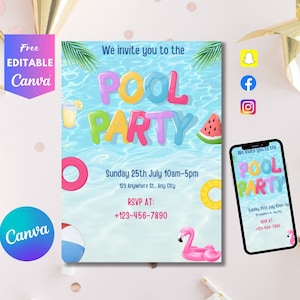 Editable pool party invitation, Swim party invite, Tropical birthday pool party invitation swimming party instant download