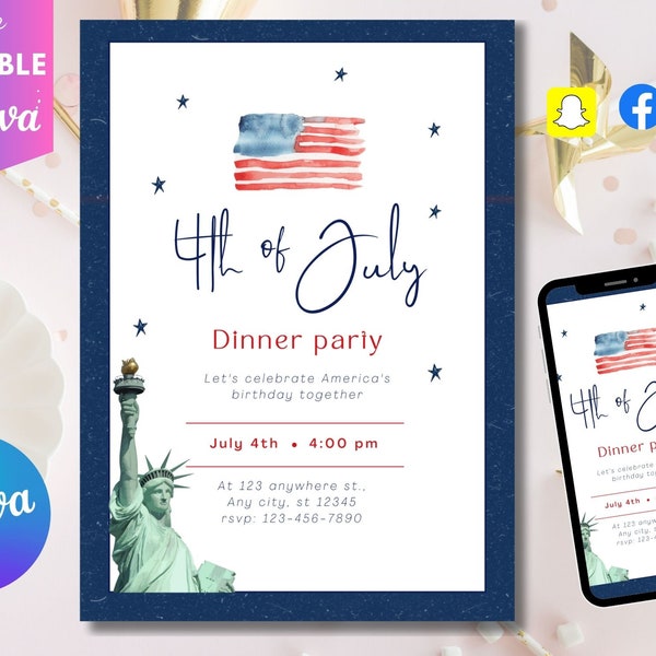 Editable 4th Of July BBQ Invitation Independence Day BBQ Barbeque Invitation July 4th BBQ Invite July Fourth Food Friend and Fireworks