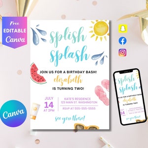 Editable Splish Splash Birthday Invitation Pool Party Girl Summer Waterslide Water Party Pink Download Printable Invite Template