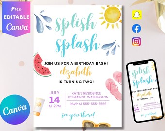 Editable Splish Splash Birthday Invitation Pool Party Girl Summer Waterslide Water Party Pink Download Printable Invite Template