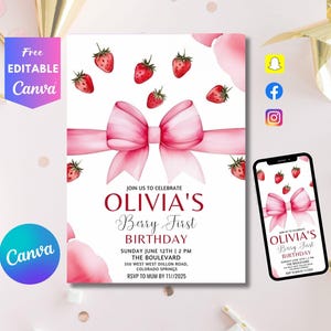 Berry First Birthday Invitation Template, Berry First Birthday Invitation, Berry First Birthday Invitation, Canva Editable