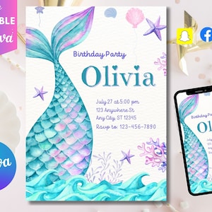 Invito di compleanno modificabile con coda di sirena Invito di compleanno sotto il mare Invito a una festa a tema sirena Invito e-mail con download istantaneo