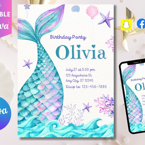 Editable Mermaid tail Birthday Invitation Under The Sea Birthday Invite Mermaid Theme Party Invitation Instant Download email invitation