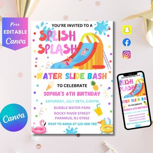Waterslide Birthday Invitation Boy Girl 1st Birthday Party Invite Pink Water Slide Summer Pool Party Splish Splash Bash EDITABLE