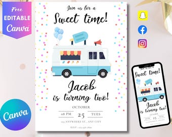 Bewerkbare ijswagenuitnodiging verjaardag, elektronische ijswagen, Sweet One Two Three Scoops of Fun Zomer strooi babymeisje