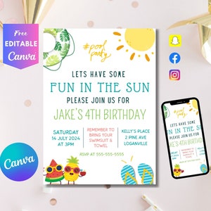 Editable Fun In The Sun Birthday Party Invitation Tropical Summer Splish Splash Girly Pool Birthday Party Instant Download